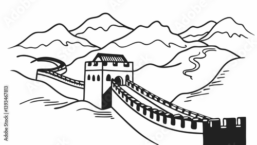 Scenic Black and White Line Art Drawing of Great Wall of China with Mountains Watchtower Chinese Landscape Ancient Historical World Landmark Travel Destination