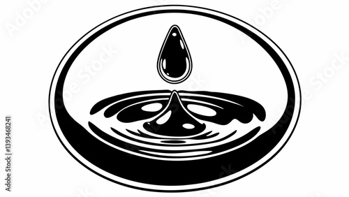 Black and White Water Drop Ripple Oval - Simple Liquid Splash Graphic Illustration