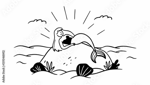 Cute Mermaid on Beach Rock Ocean Waves Black and White Cartoon Illustration