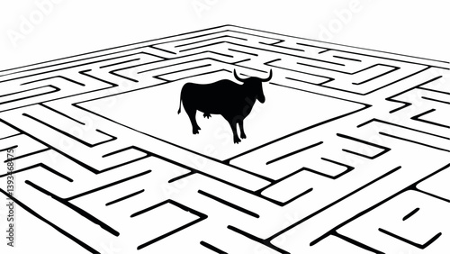 Black and White Illustration of a Bull in a Complex Maze Labyrinth Challenge Graphic