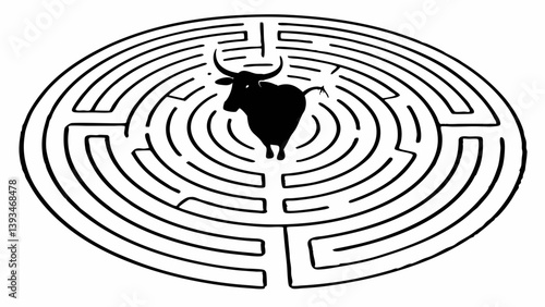 Black and White Circular Maze with Bull Illustration Labyrinth Puzzle Graphic Design
