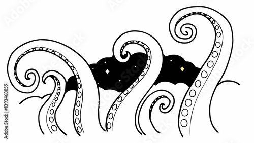 Eerie Tentacles Starry Night Sky Black and White Line Art Illustration