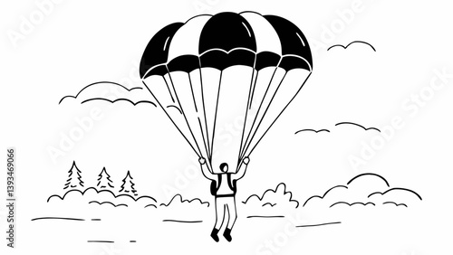 Skydiving Parachuting Man Black and White Line Art Adventure Landscape Illustration