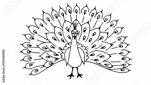 Simple Black and White Peacock Line Art Bird Drawing Open Tail Feathers Display