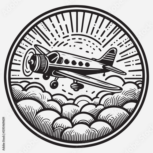 Plane with propeller taking off in clouds - outline vector emblem stock illustration