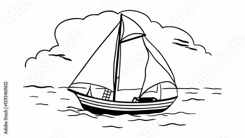 Black and White Sailboat Line Art - Nautical Sailing Boat Illustration on Ocean with Clouds - Sea Adventure