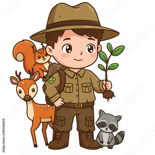 Cartoon Child Rangers and Forest Wildlife
