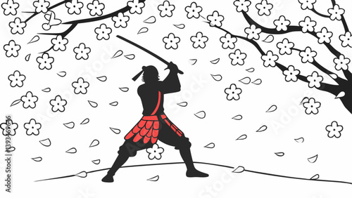 Black and Red Samurai Katana Cherry Blossoms Falling Petals Vector Illustration