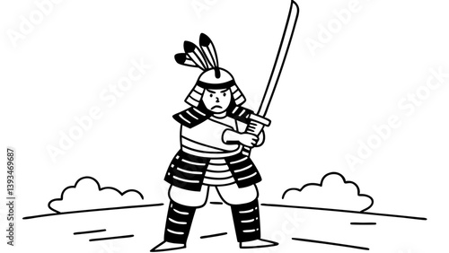 Cartoon Samurai Line Art with Sword Armor Helmet Feathers