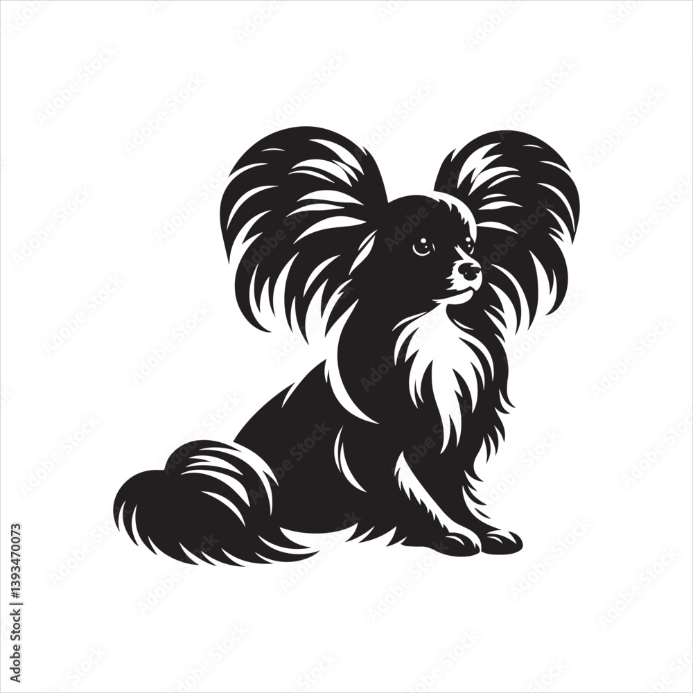 Obraz premium Papillon Dog Vector Silhouette, Elegant Small Canine Outline, Playful Pet Lover Clipart, Adorable Dog Art for Logos, Stickers, Apparel, Digital Prints, Crafts, and Posters.