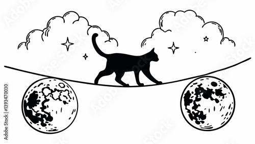 Whimsical Black Cat Tightrope Walker Between Moons Stars Clouds Fantasy Line Art