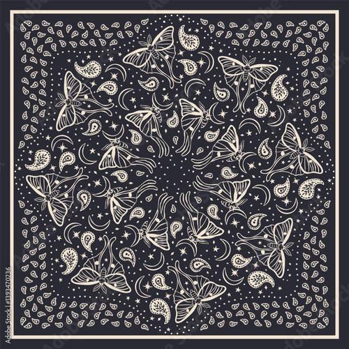 Black and white scarf or bandana with luna moths and paisley mandala pattern. Ethnic monochrome carpet design with butterfly. Abstract boho nocturnal insects background.