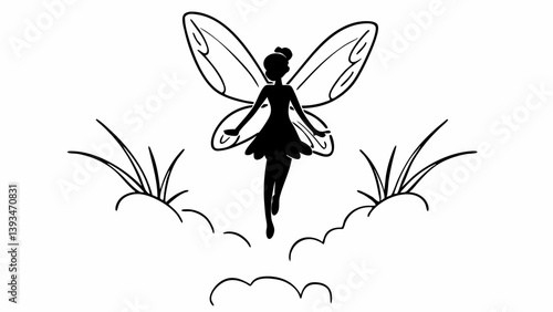 Ethereal Fairy Wings Silhouette Grass Clouds Black White Sketch Illustration