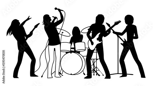 Energetic Black and White Rock Band Musicians Live Concert Stage Silhouette