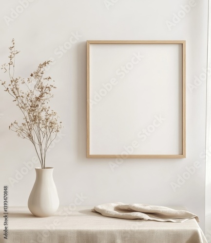 Minimalist, neutral aesthetic, empty frame on a table