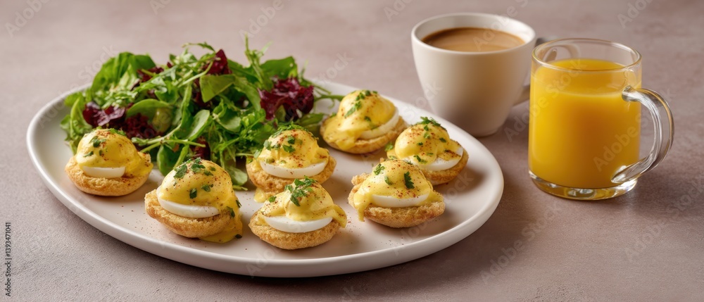 Delicious Eggs Benedict Bites with Fresh Salad, Coffee, and Orange Juice for a Bright and Colorful Breakfast or Brunch Delicious Eggs Benedict Bites with Fresh Salad, Coffee, and Orange Juice for a Bright and Colorful Breakfast or Brunch