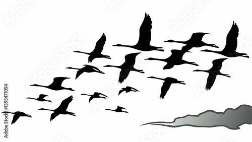 Black and White Silhouette Migrating Geese Swans Flock V Formation Graphic Vector Nature Wildlife Bird Flight