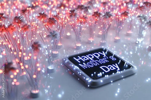 A "Happy Mother's Day" message on a high-tech digital tag, accompanied by a futuristic display of fiber-optic lighted carnations on a white high-tech surface.