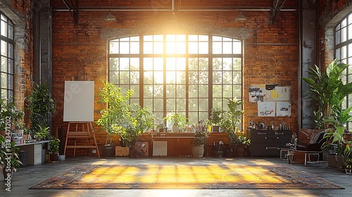 Wallpaper Mural Serene Studio Space: A spacious artist's studio bathed in natural light from large windows, featuring a blend of brick, lush greenery, and an inviting workspace, perfect for creative endeavors. Torontodigital.ca