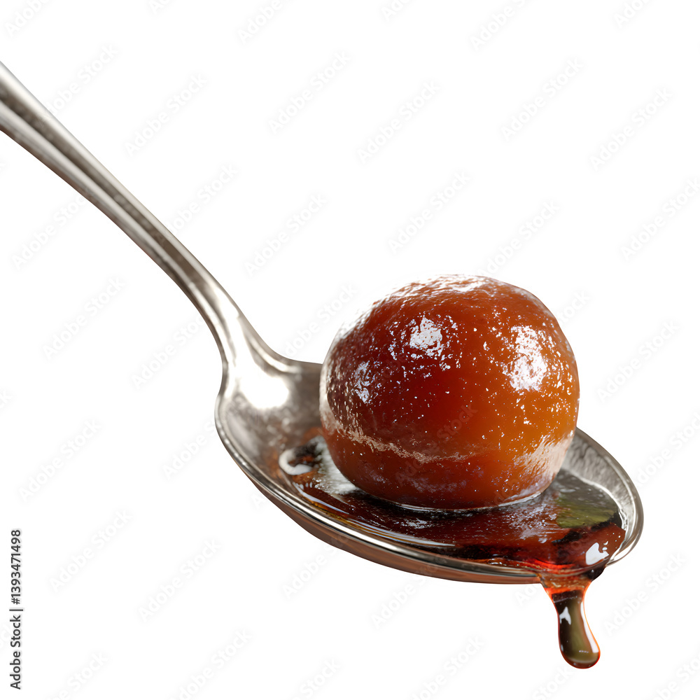 Gulab Jamun in a Silver Dessert Spoon, Ready to Be Served, Close-Up Shot, Syrupy Texture Glowing, Isolated on Transparent Background Gulab Jamun in a Silver Dessert Spoon, Ready to Be Served, Close-Up Shot, Syrupy Texture Glowing, Isolated on Transparent Background