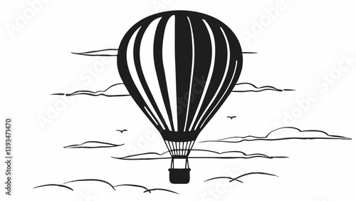 Hot Air Balloon Vintage B&W Line Art Sketch - Sky Clouds Birds - Travel Adventure