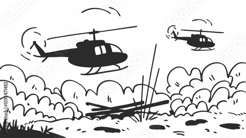 Black and White Military Helicopters Cartoon Smoke Debris Illustration