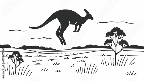 Black and White Kangaroo Jumping Silhouette Australian Outback Landscape
