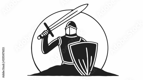 Medieval Armored Knight with Sword and Shield Black and White Illustration