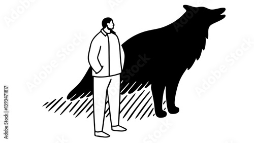 Black and White Line Art of Man and Wolf Shadow Side View Illustration