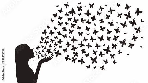 Dreamy Woman Silhouette Blowing Butterflies Vector Illustration Design