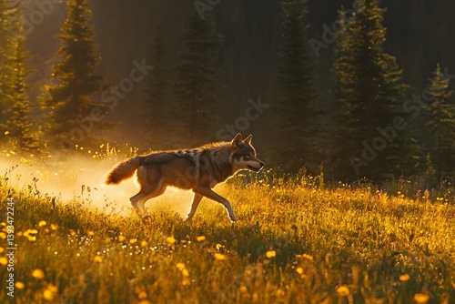 Dire wolf a wolf runs through a field of yellow flowers with trees in the background during golden hour light
