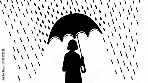 Black and White Minimalist Illustration Woman with Umbrella in Rainstorm Art