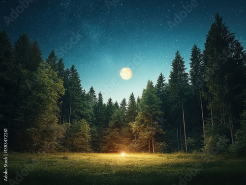 Moonlit forest clearing with bright light under starry sky at night
