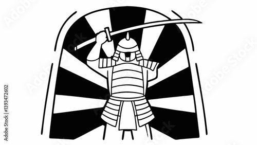 Black and White Samurai Warrior Katana Sword Sunburst Graphic Illustration