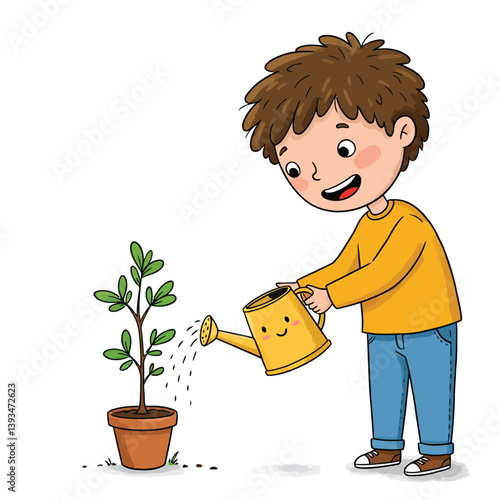 Happy Boy Helping Plants Grow with Water