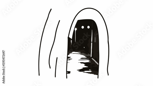 Black and White Sketch of Dark Tunnel Archway Perspective Minimalist Interior Corridor