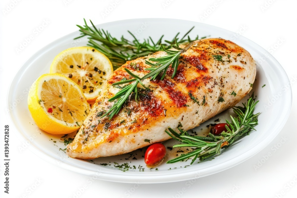 Grilled chicken breast with lemon and rosemary on a white plate Grilled chicken breast with lemon and rosemary on a white plate