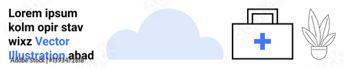 First aid kit with blue cross, potted plant, and cloud. Ideal for healthcare, nature, wellness, environment, online services, minimal design flat landing page banner