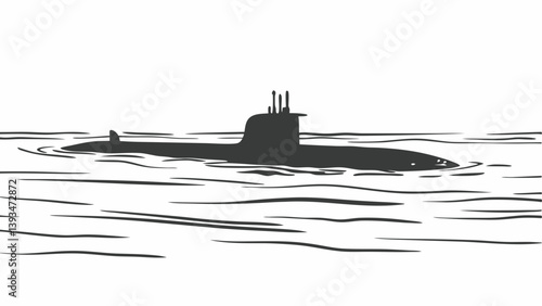 Black and White Submarine Silhouette Ocean Naval Vessel Periscope Graphic