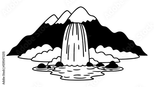 Black and White Nature Landscape Drawing Waterfall and Snow Mountains