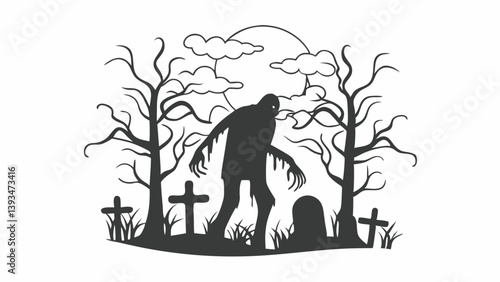 Zombie Silhouette Graveyard Halloween Spooky Tombstones Trees Vector Illustration