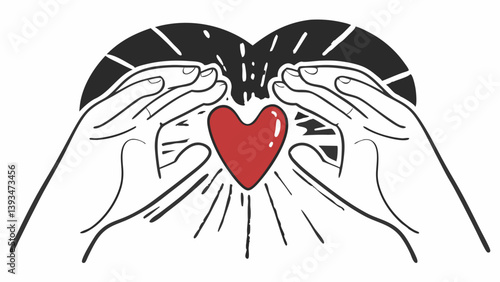 Caring Hands Protecting Red Heart Love Symbol Black and White Line Art