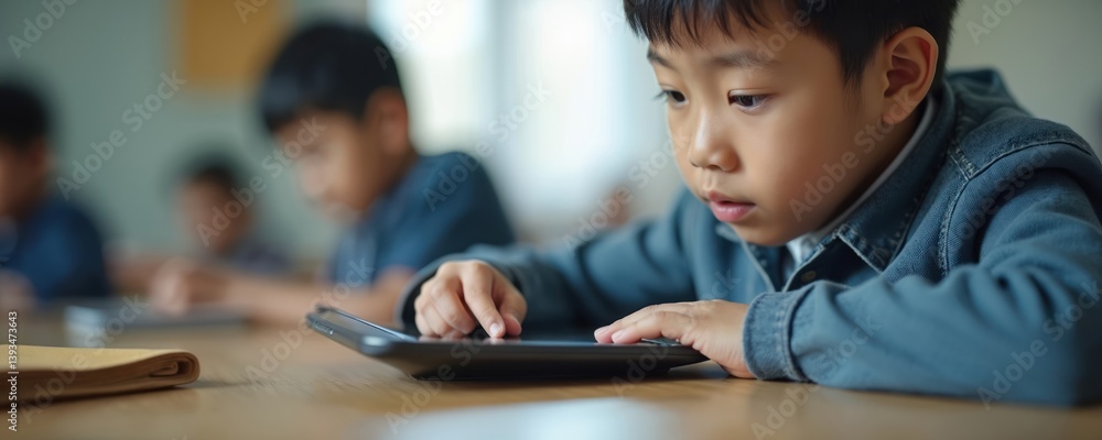 Focused Asian elementary schoolboy uses tablet device in classroom setting. Group students, modern education tech concept. Digital learning, studying, technology, application, online lessons. Focused Asian elementary schoolboy uses tablet device in classroom setting. Group students, modern education tech concept. Digital learning, studying, technology, application, online lessons.