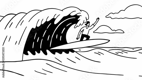 Cartoon Surfer on Giant Wave Black and White Line Art Illustration