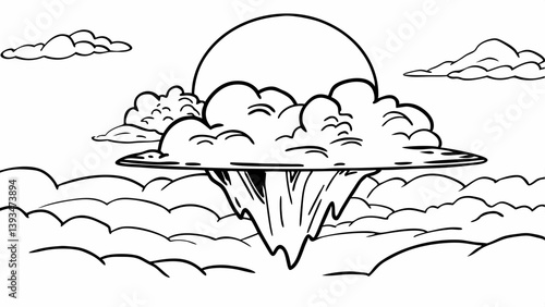 Black and White Cartoon Floating Island Sky Drawing Clouds Sun Fantasy Line Art Illustration