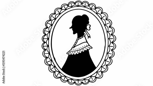 Victorian Woman Silhouette Portrait with Lace Collar and Ribbon in Ornate Oval Frame