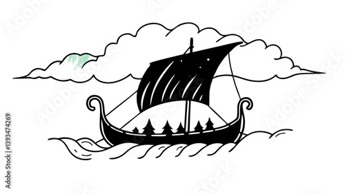 Black and White Line Art Viking Ship Drawing - Nordic Longship on Sea Waves Under Clouds - Scandinavian History Adventure Travel