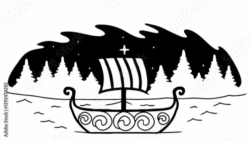 Viking Ship Graphic Black and White Nordic Forest Starry Night