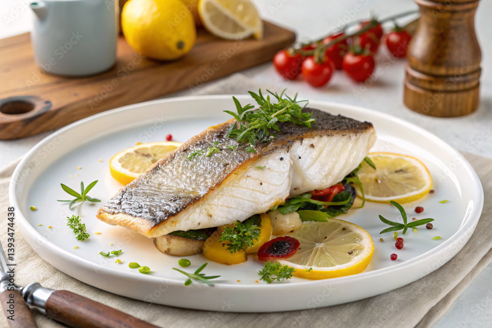 Grilled trout with lemon, herbs, and vegetables on a plate Grilled trout with lemon, herbs, and vegetables on a plate