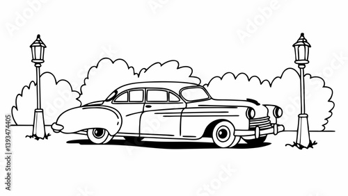 Vintage Classic Car Line Art Drawing Parked Street Scene with Lampposts Black and White Illustration